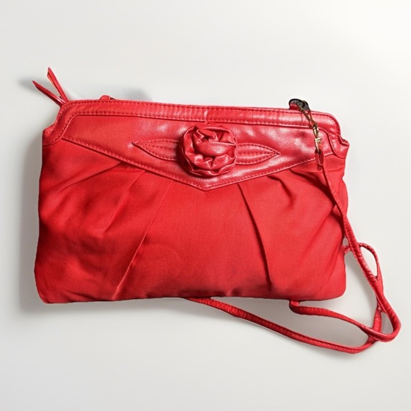 Vintage 70s 60s Red Vinyl Grosgrain Clutch Purse Bag Rose Retro Pinup Rockabilly - Picture 1 of 16
